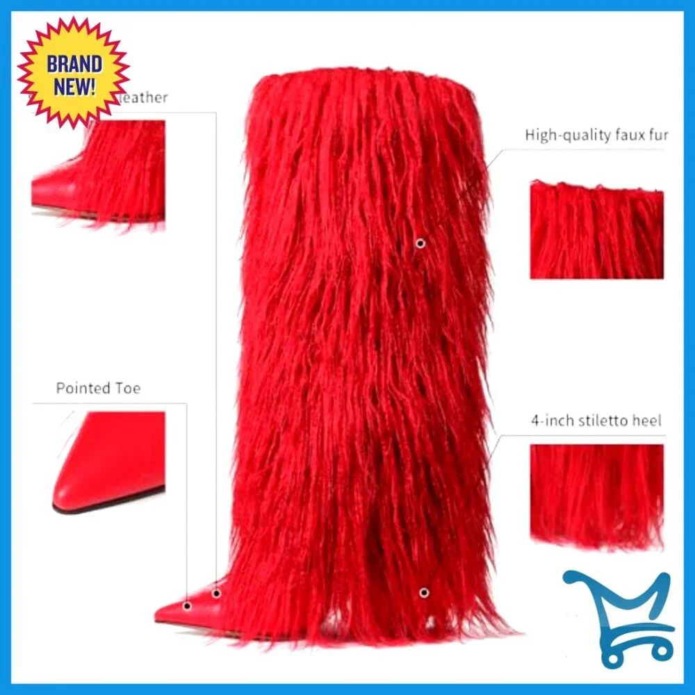 Knee High Faux Fur Boots Wide Calf Stiletto Heel Pointed Toe Winter